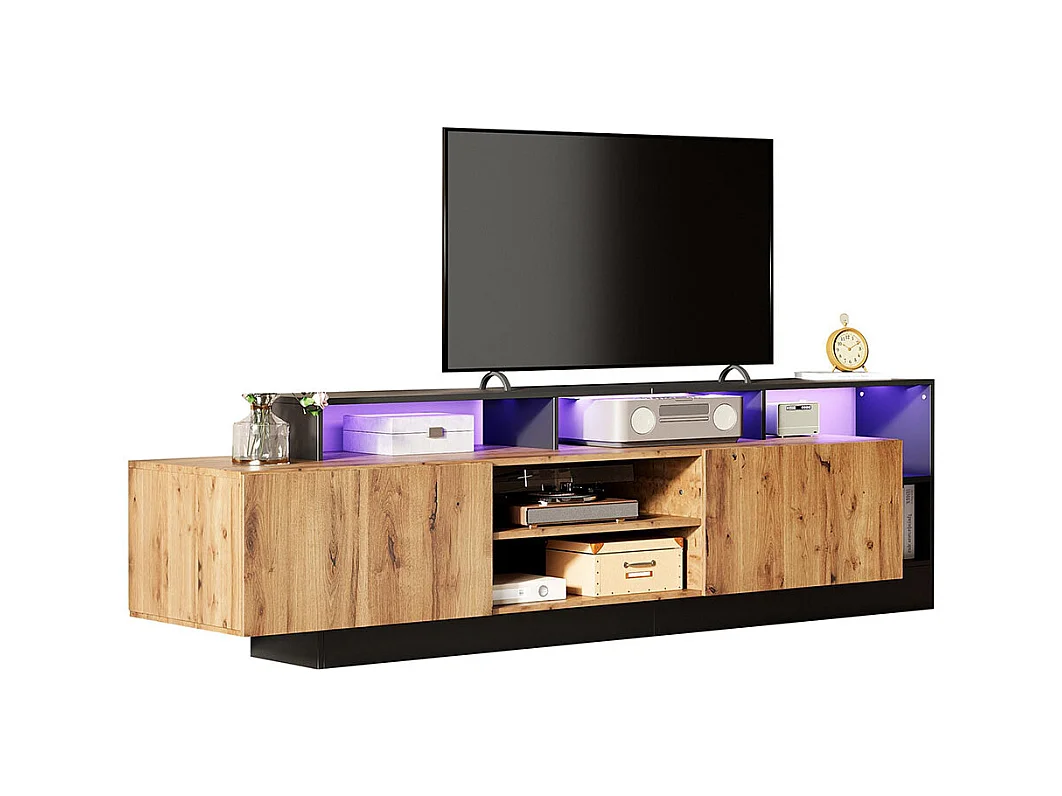 Meuble TV avec 2 portes moderne pour téléviseurs jusqu'à 70 pouces espace de rangement ouvert avec affichage LED couleur d'origine du bois et cadre noir