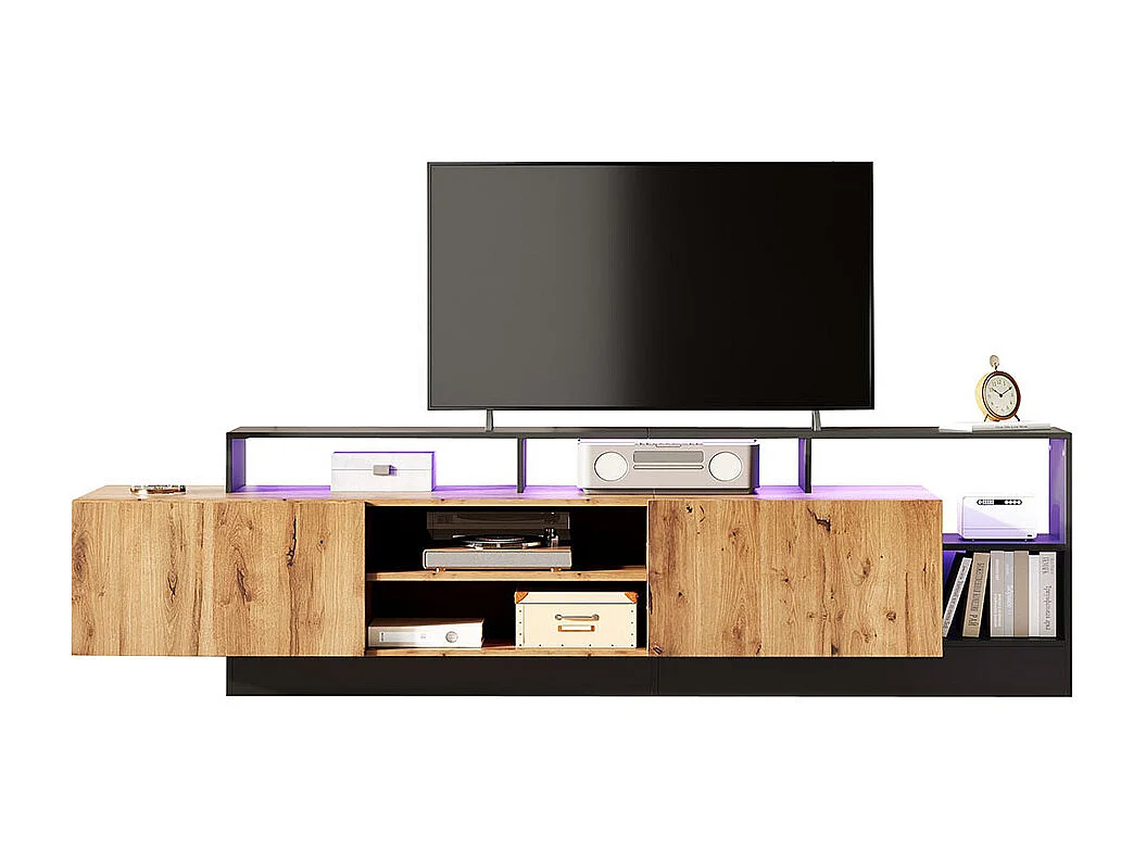 Meuble TV avec 2 portes moderne pour téléviseurs jusqu'à 70 pouces espace de rangement ouvert avec affichage LED couleur d'origine du bois et cadre noir