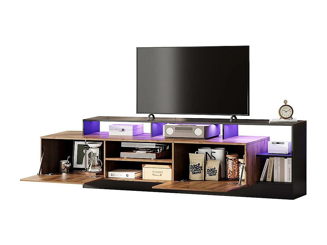 Meuble TV avec 2 portes moderne pour téléviseurs jusqu'à 70 pouces espace de rangement ouvert avec affichage LED couleur d'origine du bois et cadre noir
