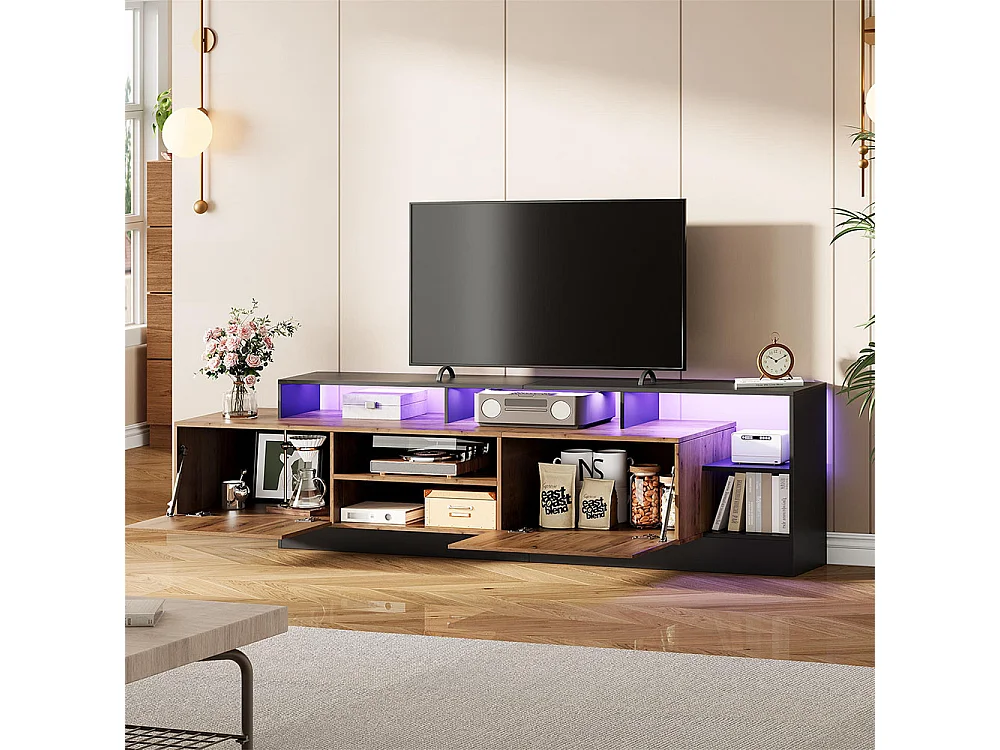 Meuble TV avec 2 portes moderne pour téléviseurs jusqu'à 70 pouces espace de rangement ouvert avec affichage LED couleur d'origine du bois et cadre noir