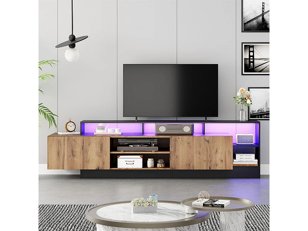 Meuble TV avec 2 portes moderne pour téléviseurs jusqu'à 70 pouces espace de rangement ouvert avec affichage LED couleur d'origine du bois et cadre noir