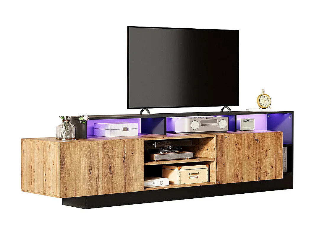 Meuble TV avec 2 portes moderne pour téléviseurs jusqu'à 70 pouces espace de rangement ouvert avec affichage LED couleur d'origine du bois et cadre noir
