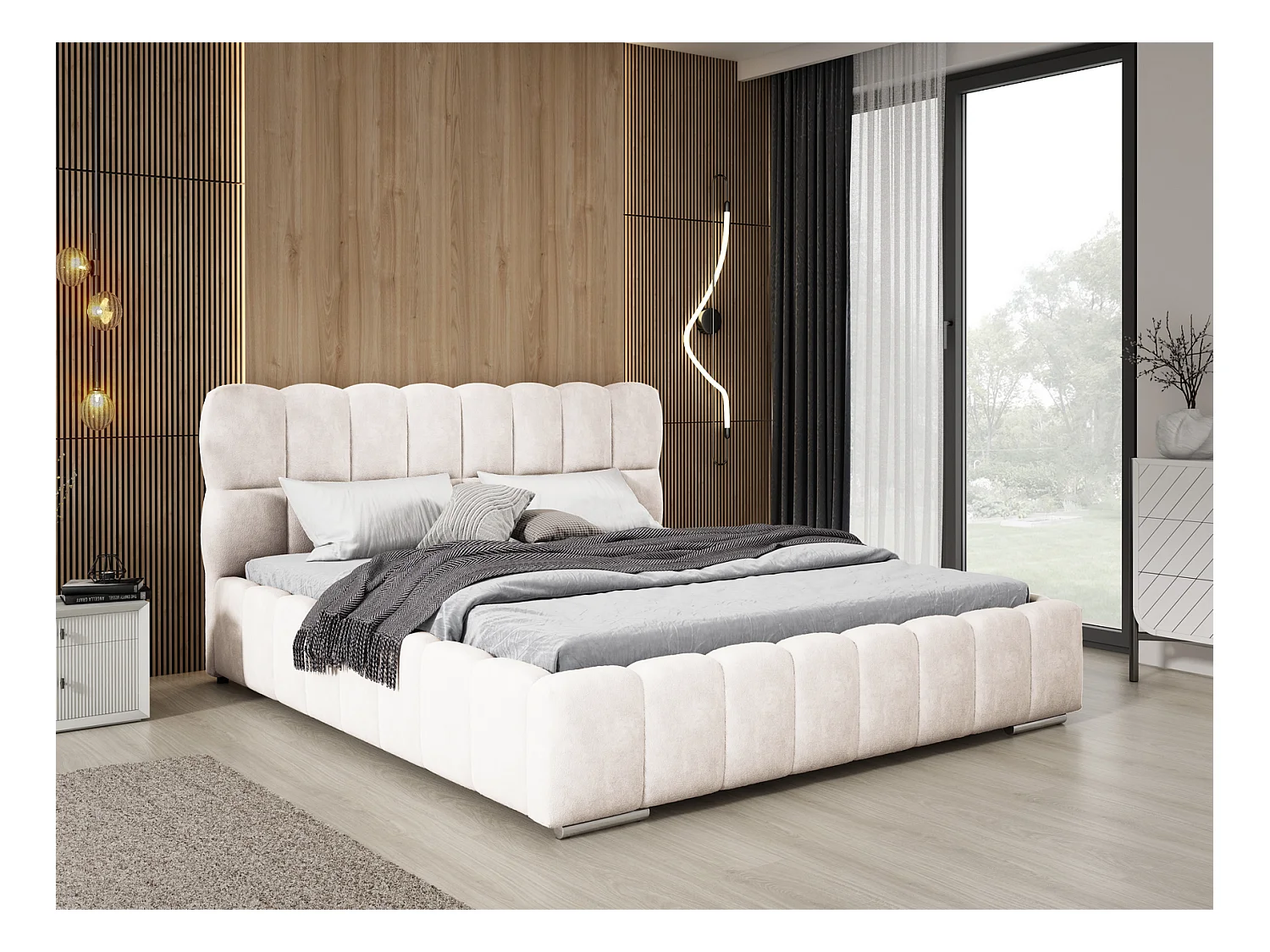 Emporius Avilla Polsterbett 200x200 - Doppelbett mit Bettkasten, Lattenrost, Kopfteil - Samtstoff, Velvet, Bett Creme (Komodo 10)