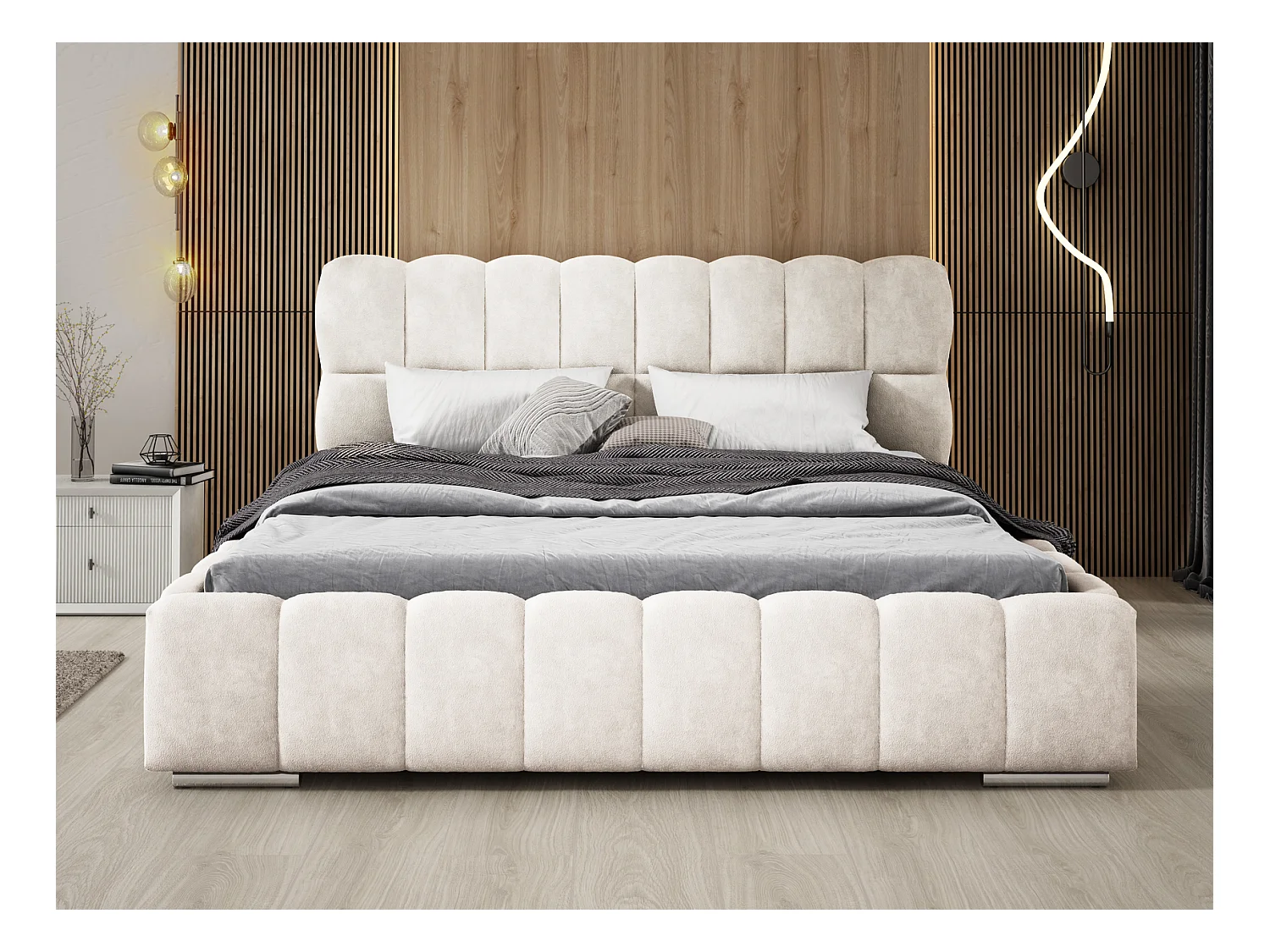 Emporius Avilla Polsterbett 200x200 - Doppelbett mit Bettkasten, Lattenrost, Kopfteil - Samtstoff, Velvet, Bett Creme (Komodo 10)