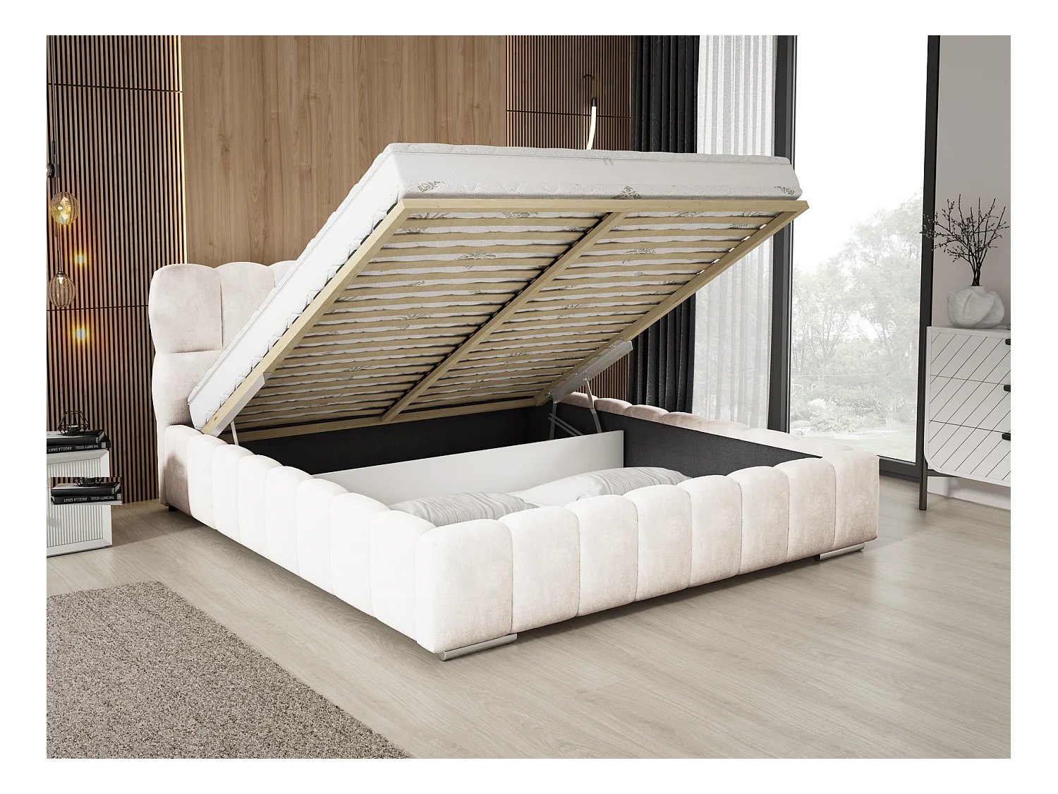 Emporius Avilla Polsterbett 200x200 - Doppelbett mit Bettkasten, Lattenrost, Kopfteil - Samtstoff, Velvet, Bett Creme (Komodo 10)