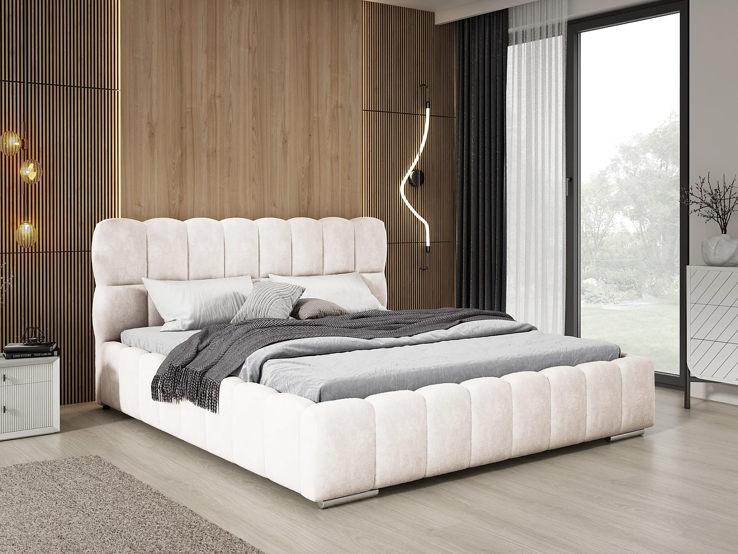 Emporius Avilla lit double 200x200 avec sommier à Lattes, avec rangement - lit rembourré 200 x 200, lit Crème (Komodo 10)