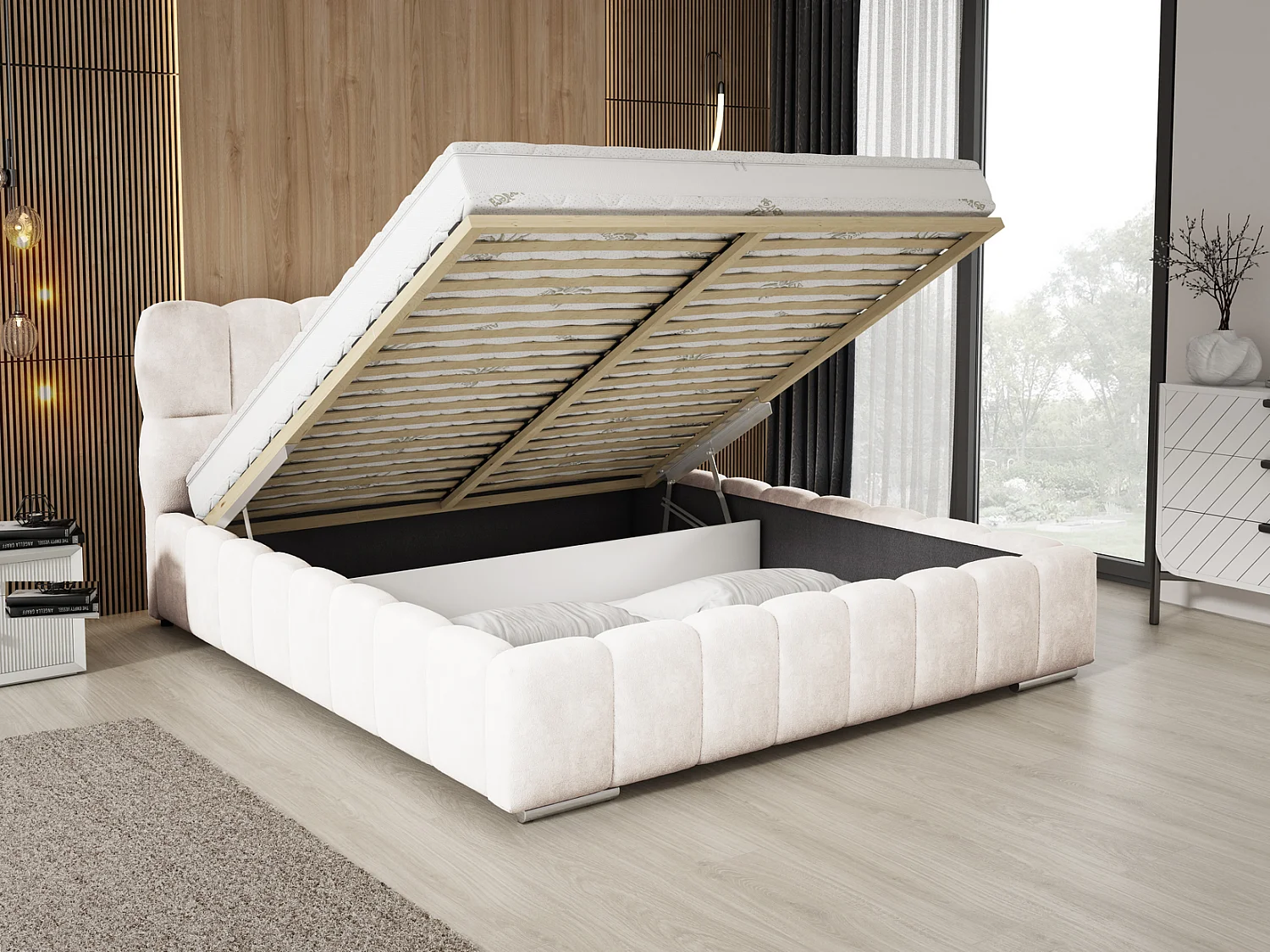 Emporius Avilla lit double 200x200 avec sommier à Lattes, avec rangement - lit rembourré 200 x 200, lit Crème (Komodo 10)