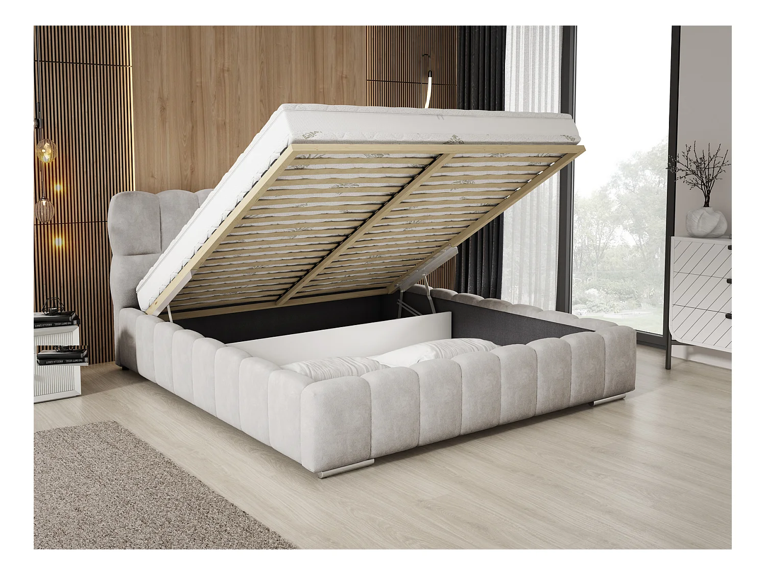 Emporius Avilla gestoffeerd bed 140 x 200 - tweepersoonsbed met opbergruimte, bed met bedlade - fluwelen, Lichtgrijs (Komodo 20)