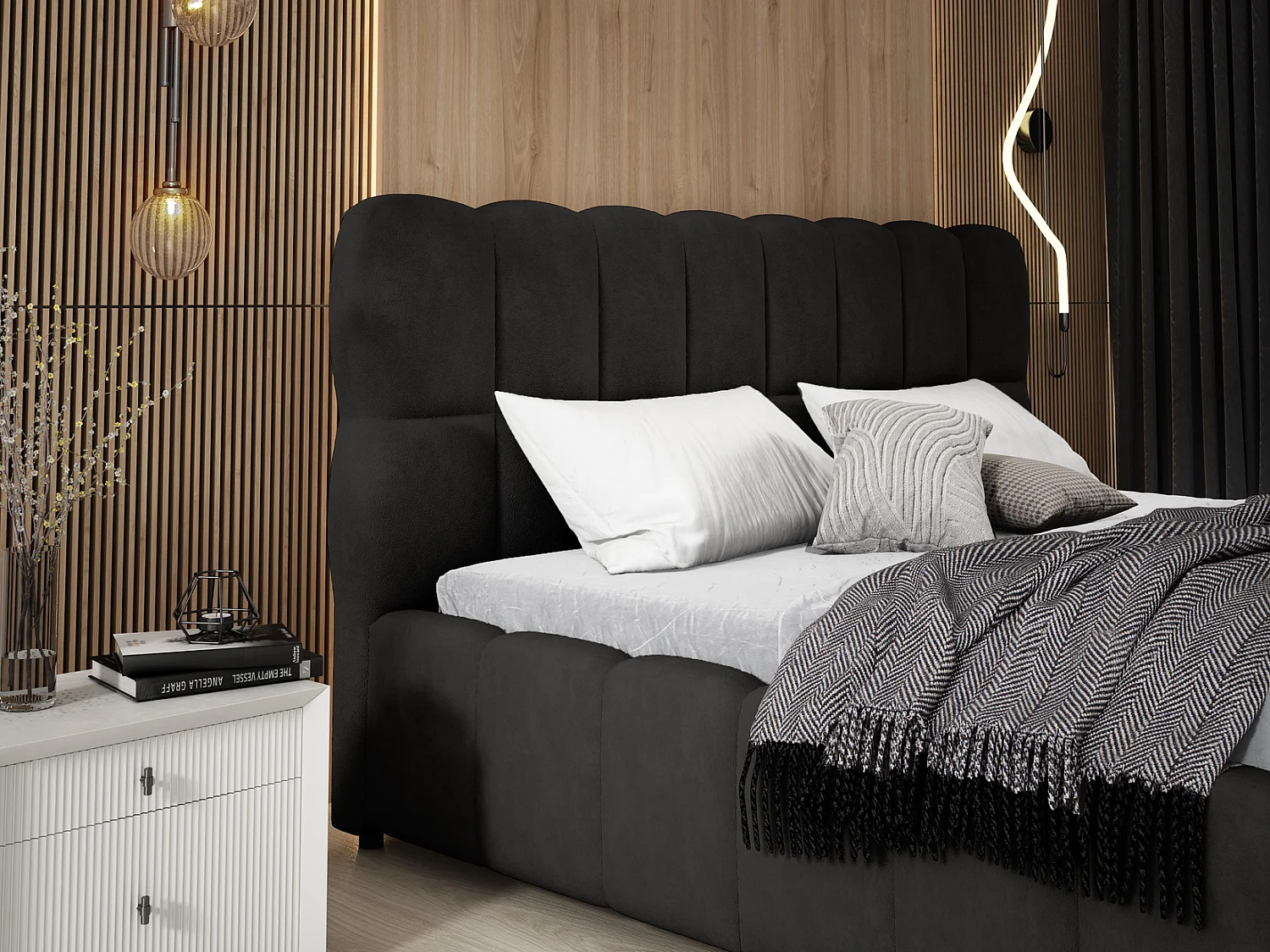 Emporius Avilla Polsterbett 160x200 - Doppelbett mit Bettkasten, Lattenrost, Kopfteil - Samtstoff, Velvet, Bett Schwarz (Komodo 23)