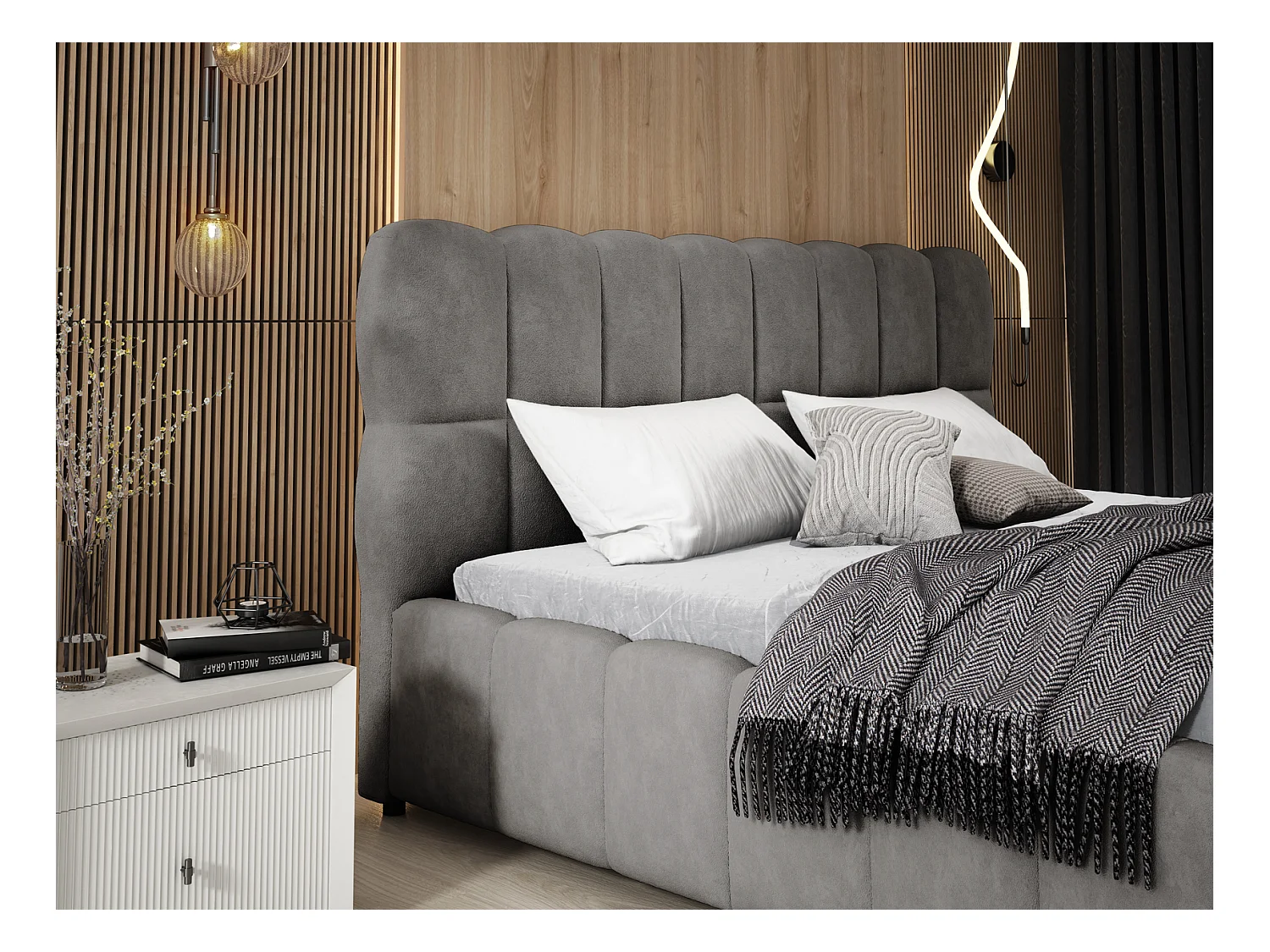 Emporius Avilla Polsterbett 200x200 - Doppelbett mit Bettkasten, Lattenrost, Kopfteil - Samtstoff, Velvet, Bett Grau (Komodo 21)