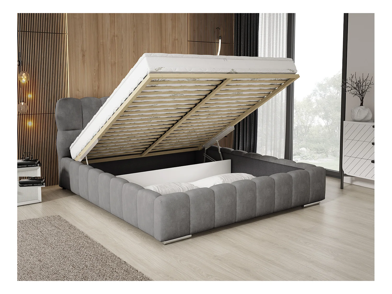 Emporius Avilla Polsterbett 200x200 - Doppelbett mit Bettkasten, Lattenrost, Kopfteil - Samtstoff, Velvet, Bett Grau (Komodo 21)