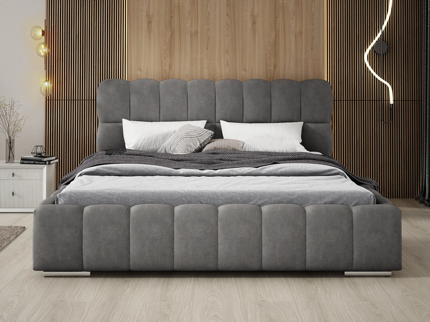 Emporius Avilla gestoffeerd bed 200 x 200 - tweepersoonsbed met opbergruimte, bed met bedlade - fluwelen, Grijs (Komodo 21)