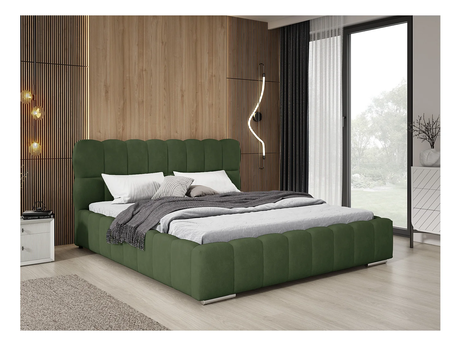 Emporius Avilla Polsterbett 200x200 - Doppelbett mit Bettkasten, Lattenrost, Kopfteil - Samtstoff, Velvet, Bett Grün (Komodo 61)