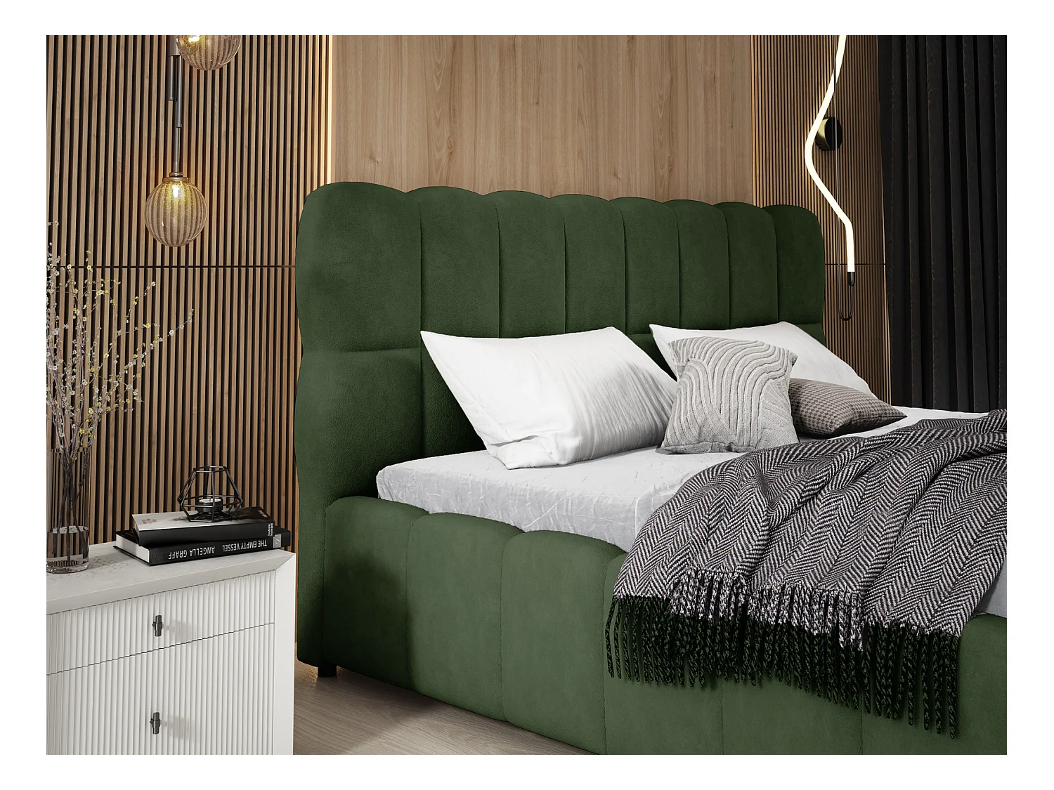 Emporius Avilla Polsterbett 200x200 - Doppelbett mit Bettkasten, Lattenrost, Kopfteil - Samtstoff, Velvet, Bett Grün (Komodo 61)