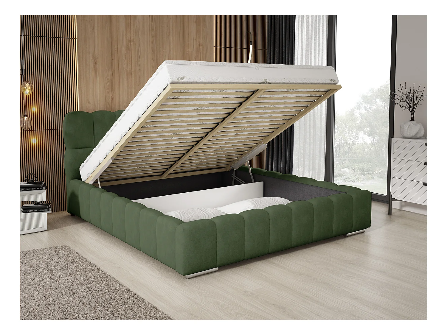 Emporius Avilla Polsterbett 200x200 - Doppelbett mit Bettkasten, Lattenrost, Kopfteil - Samtstoff, Velvet, Bett Grün (Komodo 61)