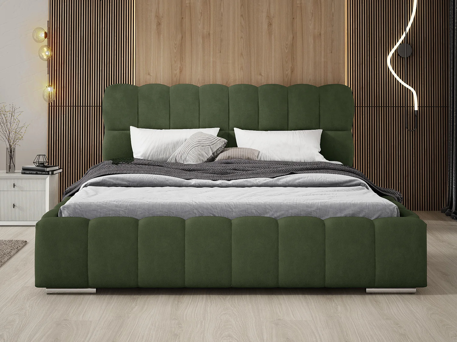 Emporius Avilla łóżko dwuosobowe 200x200 cm - łóżko tapicerowane z pojemnikiem i stelażem - tkanina aksamitna, zielony (Komodo 61)