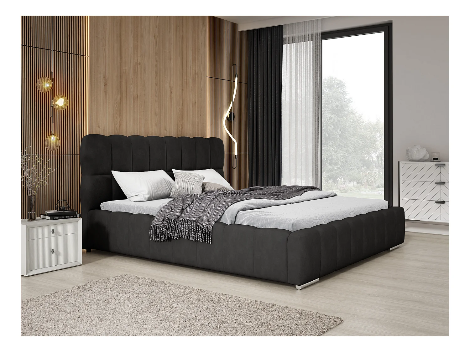 Emporius Avilla gestoffeerd bed 180 x 200 - tweepersoonsbed met opbergruimte, bed met bedlade - fluwelen, Zwart (Komodo 23)