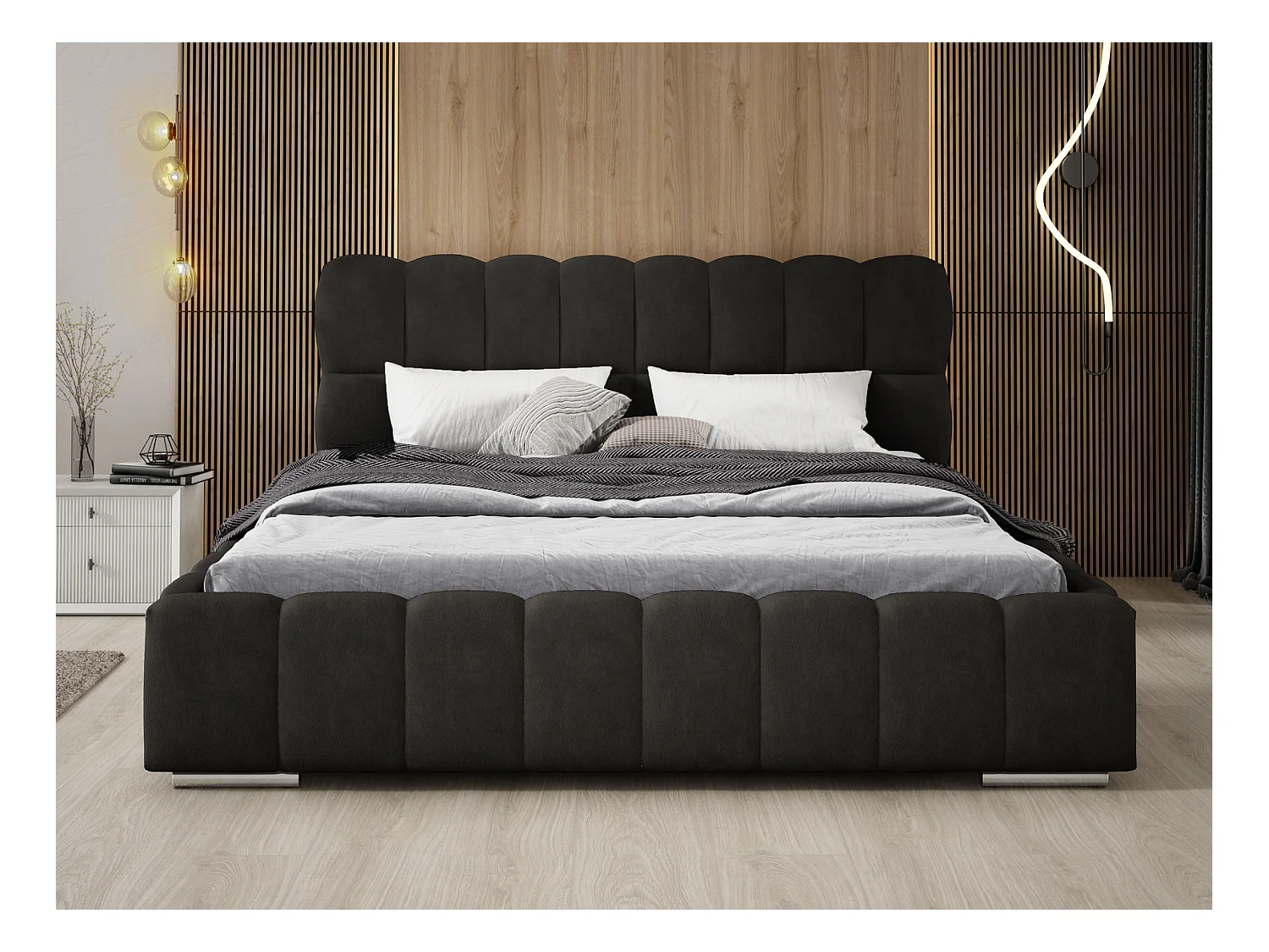 Emporius Avilla gestoffeerd bed 180 x 200 - tweepersoonsbed met opbergruimte, bed met bedlade - fluwelen, Zwart (Komodo 23)