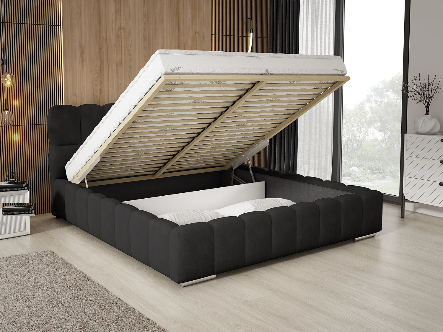 Emporius Avilla gestoffeerd bed 180 x 200 - tweepersoonsbed met opbergruimte, bed met bedlade - fluwelen, Zwart (Komodo 23)