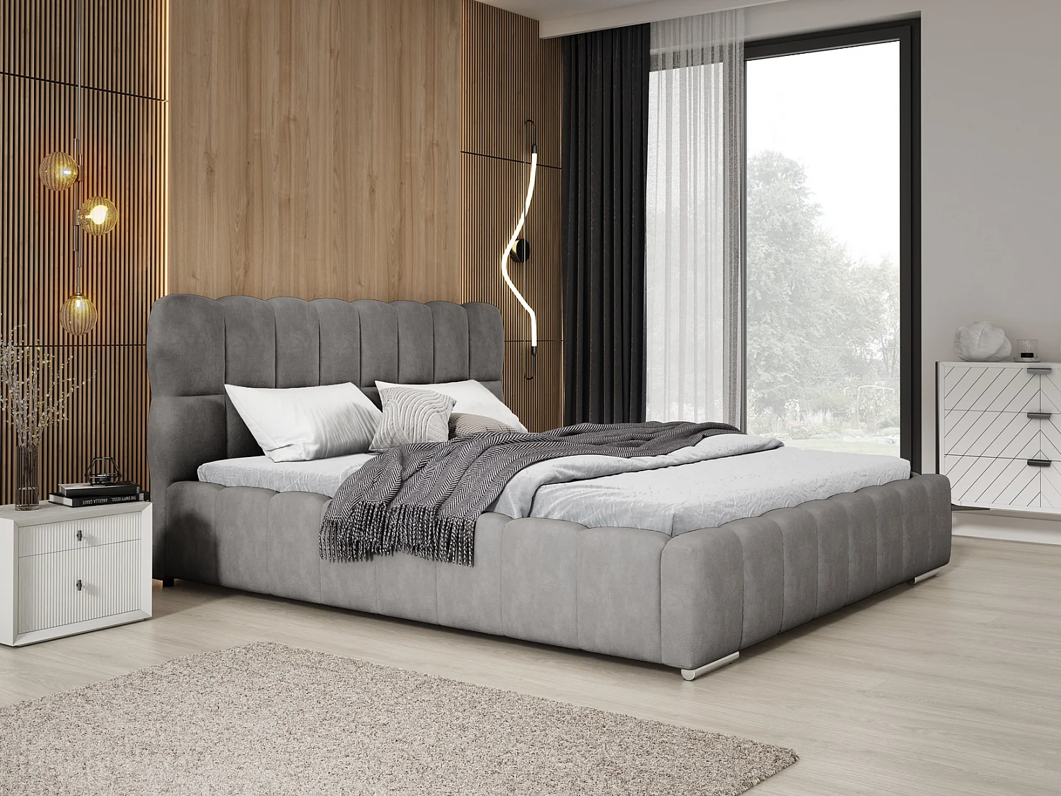 Emporius Avilla lit double 160x200 avec sommier à Lattes, avec rangement - lit rembourré 160 x 200, lit Gris (Komodo 21)