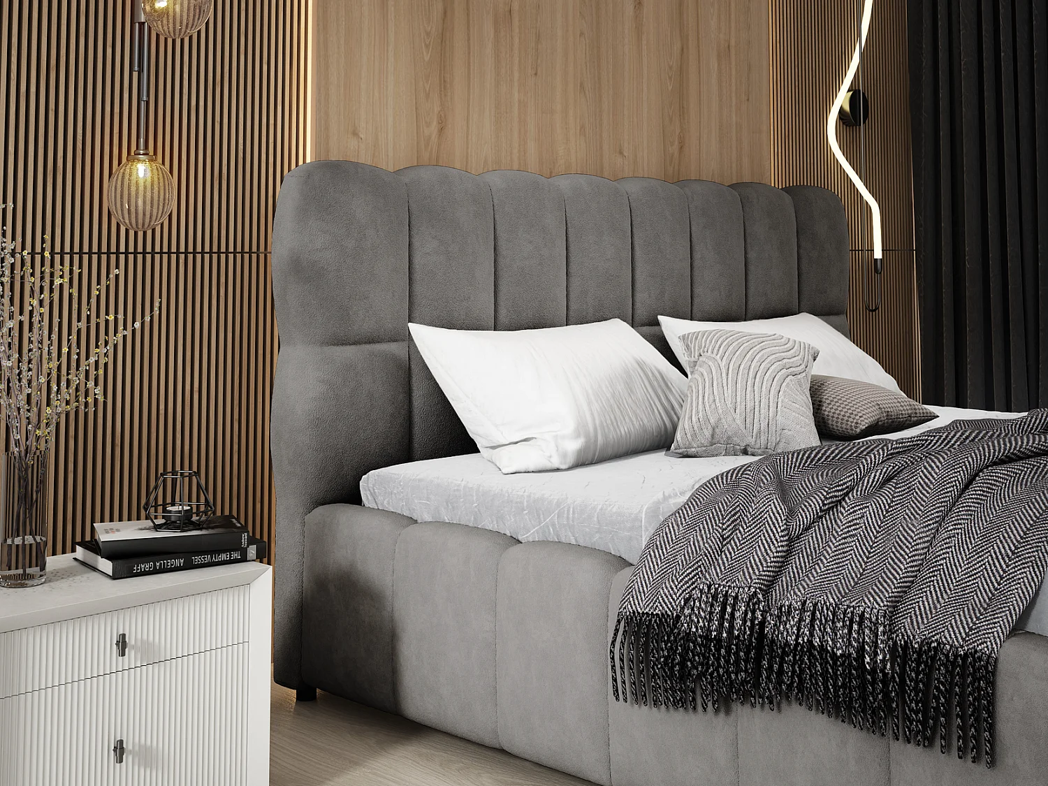 Emporius Avilla lit double 160x200 avec sommier à Lattes, avec rangement - lit rembourré 160 x 200, lit Gris (Komodo 21)