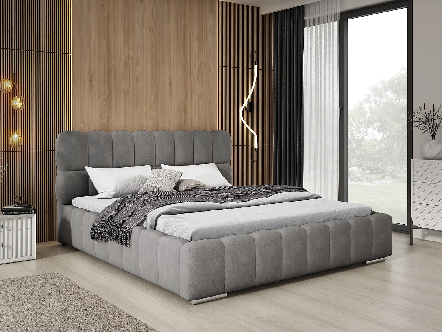 Emporius Avilla Polsterbett 160x200 - Doppelbett mit Bettkasten, Lattenrost, Kopfteil - Samtstoff, Velvet, Bett Grau (Komodo 21)