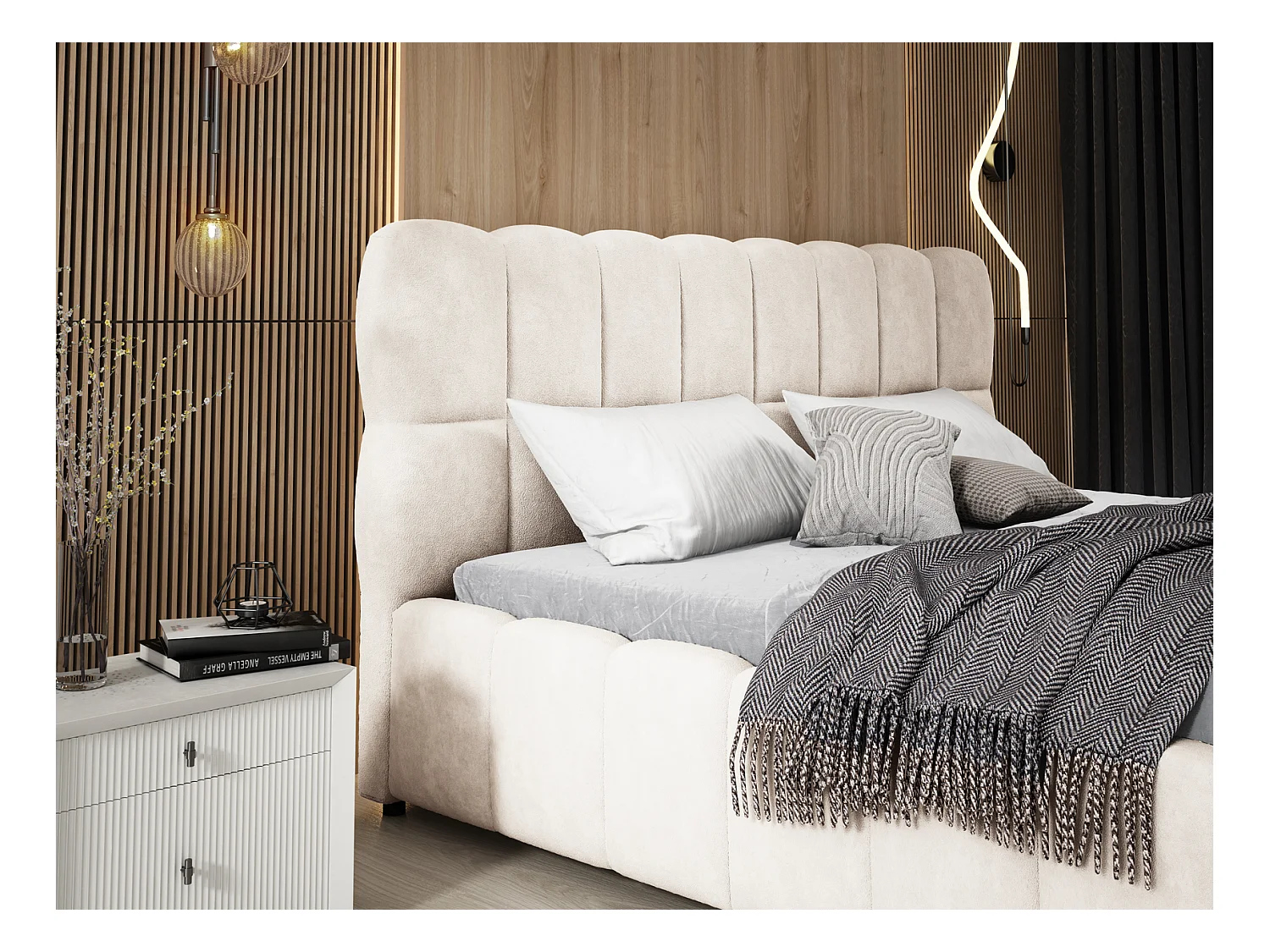 Emporius Avilla gestoffeerd bed 180 x 200 - tweepersoonsbed met opbergruimte, bed met bedlade - fluwelen, Crème (Komodo 10)