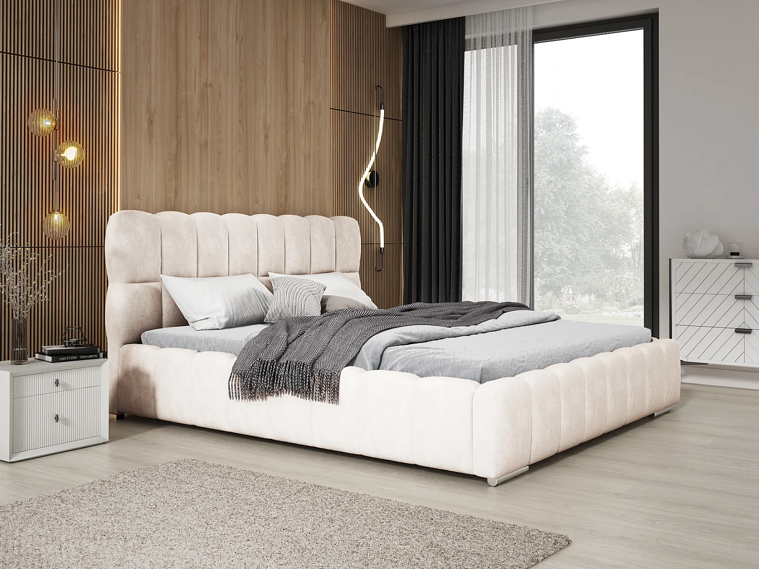 Emporius Avilla lit double 180x200 avec sommier à Lattes, avec rangement - lit rembourré 180 x 200, lit Crème (Komodo 10)