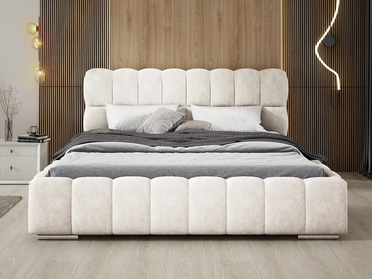 Emporius Avilla lit double 180x200 avec sommier à Lattes, avec rangement - lit rembourré 180 x 200, lit Crème (Komodo 10)