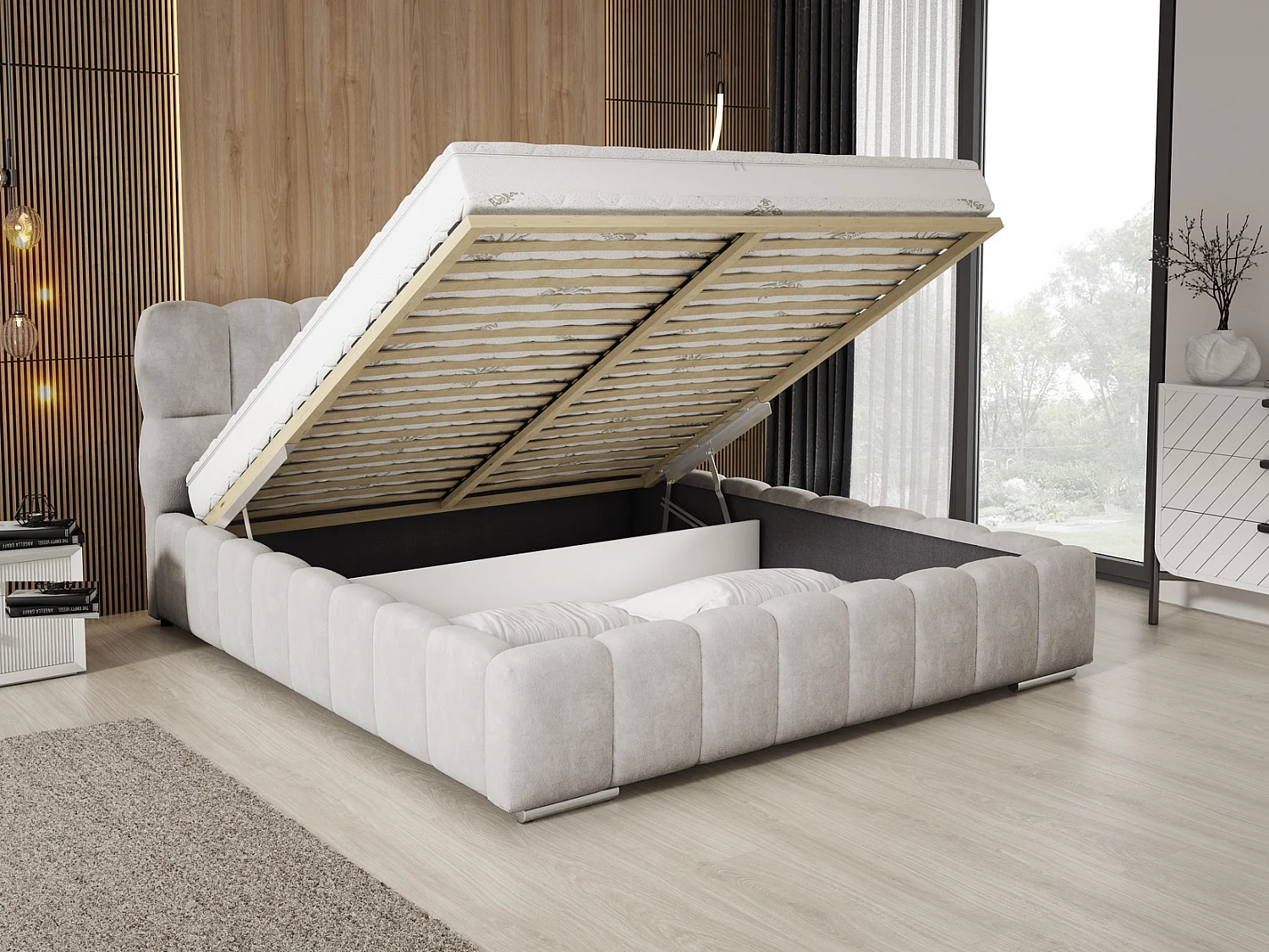 Emporius Avilla gestoffeerd bed 180 x 200 - tweepersoonsbed met opbergruimte, bed met bedlade - fluwelen, Lichtgrijs (Komodo 20)