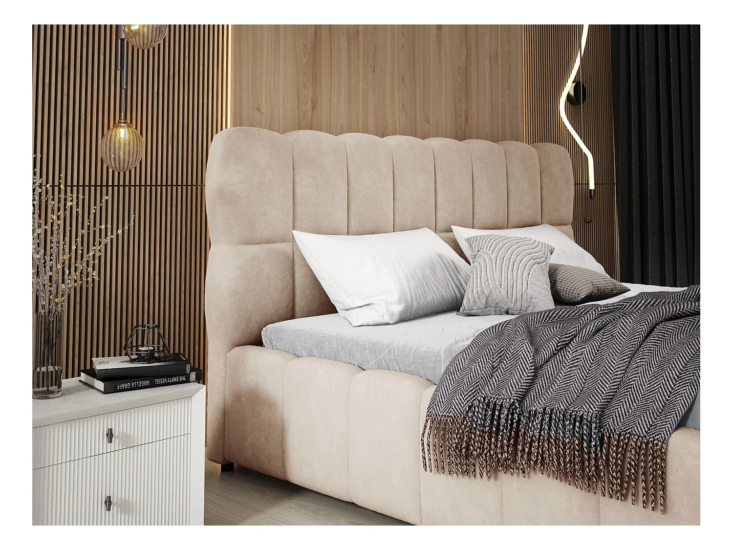 Emporius Avilla gestoffeerd bed 200 x 200 - tweepersoonsbed met opbergruimte, bed met bedlade - fluwelen, Beige (Komodo 11)