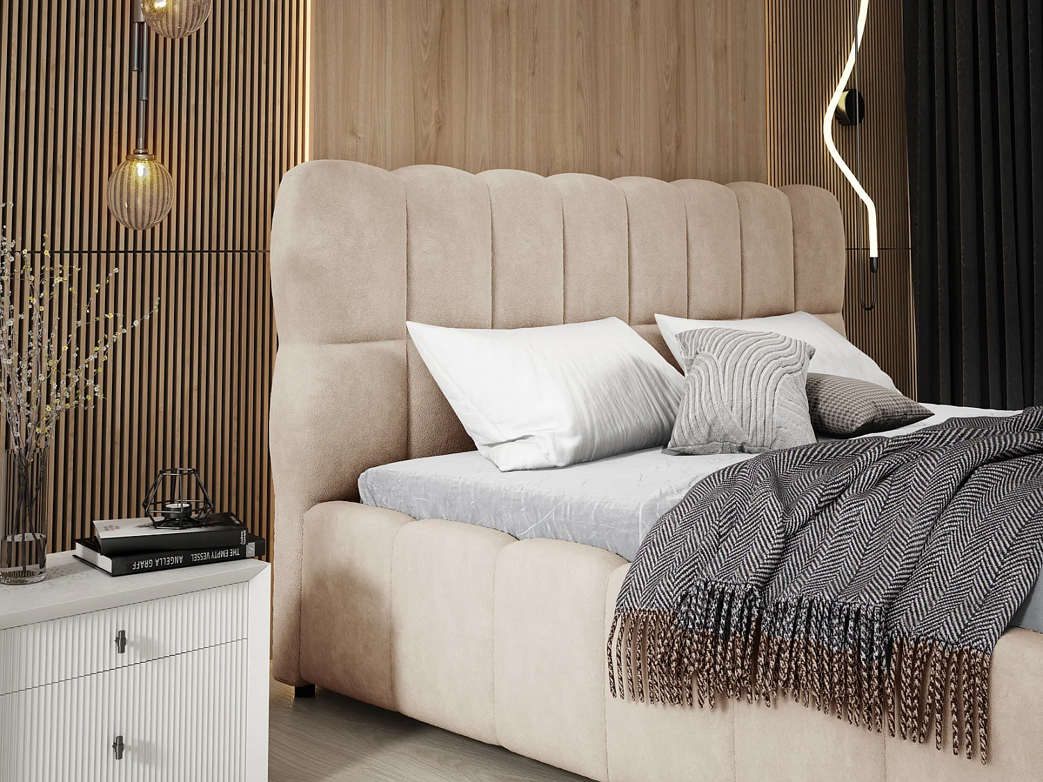 Emporius Avilla gestoffeerd bed 200 x 200 - tweepersoonsbed met opbergruimte, bed met bedlade - fluwelen, Beige (Komodo 11)