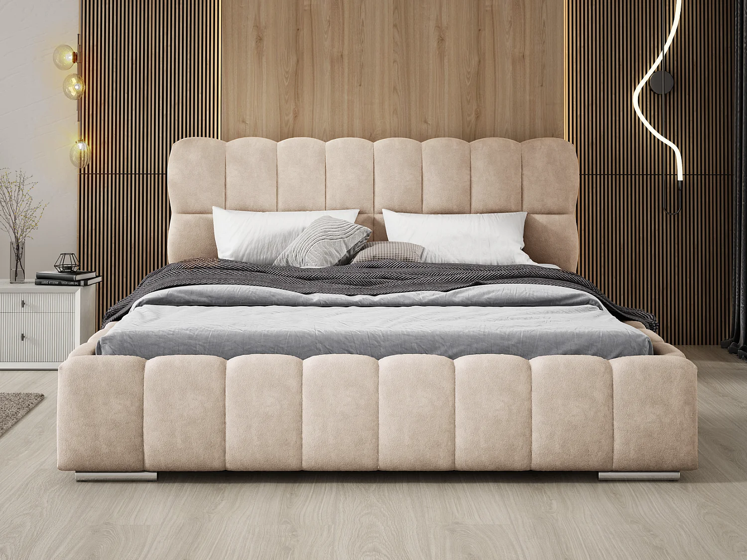 Emporius Avilla gestoffeerd bed 200 x 200 - tweepersoonsbed met opbergruimte, bed met bedlade - fluwelen, Beige (Komodo 11)
