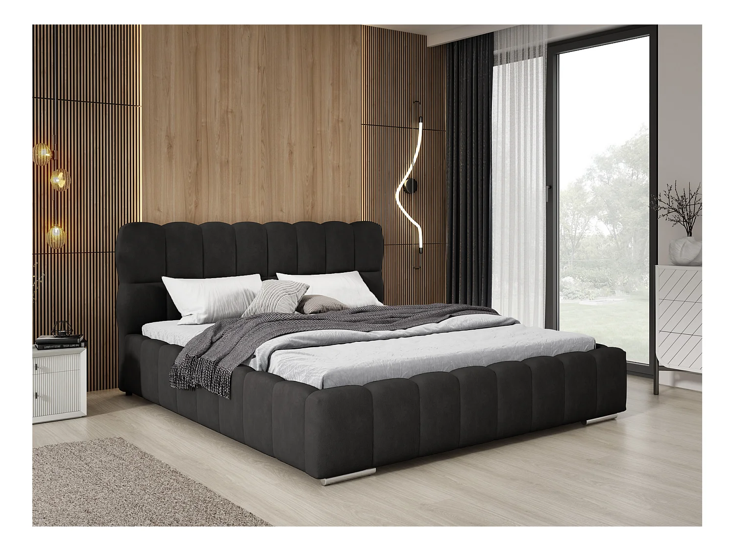 Emporius Avilla Polsterbett 200x200 - Doppelbett mit Bettkasten, Lattenrost, Kopfteil - Samtstoff, Velvet, Bett Schwarz (Komodo 23)