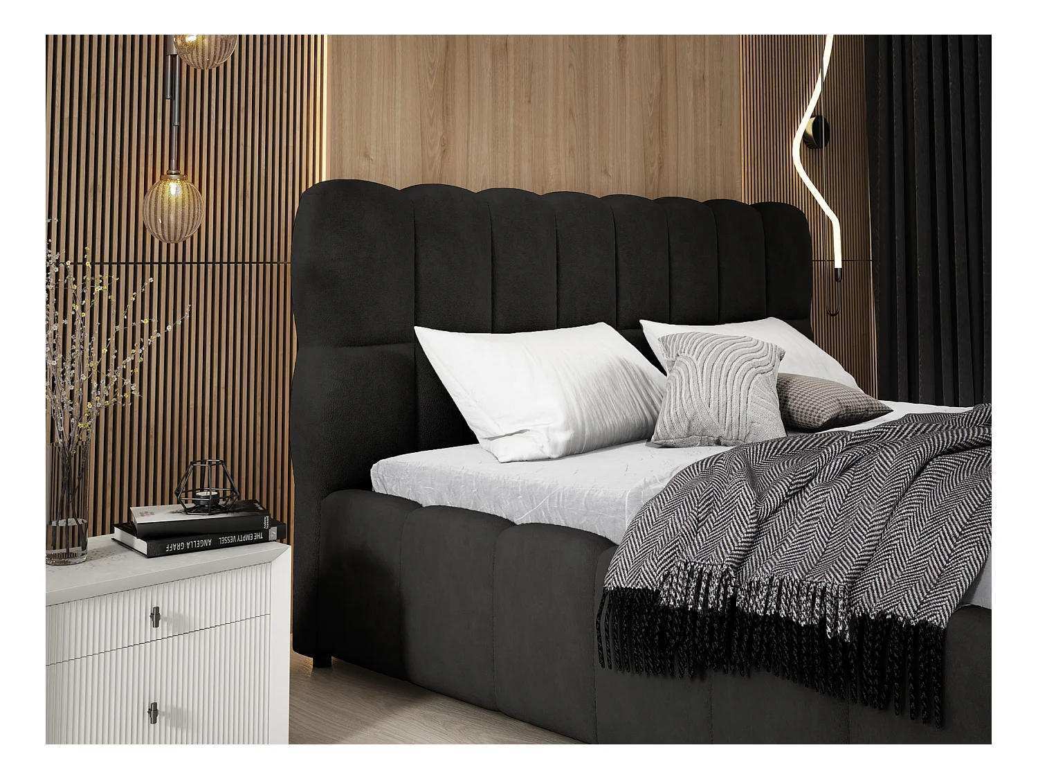 Emporius Avilla Polsterbett 200x200 - Doppelbett mit Bettkasten, Lattenrost, Kopfteil - Samtstoff, Velvet, Bett Schwarz (Komodo 23)