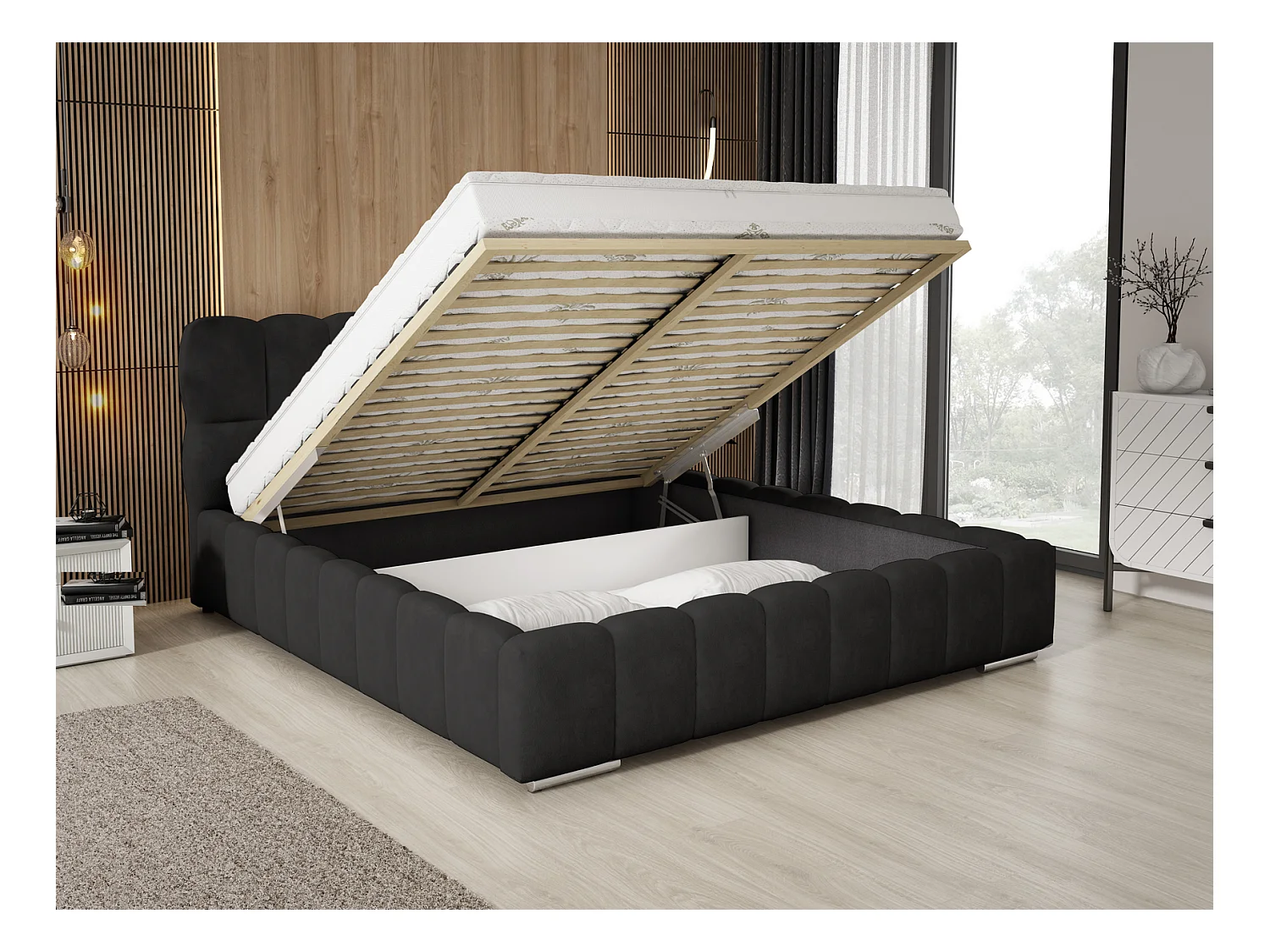 Emporius Avilla Polsterbett 200x200 - Doppelbett mit Bettkasten, Lattenrost, Kopfteil - Samtstoff, Velvet, Bett Schwarz (Komodo 23)