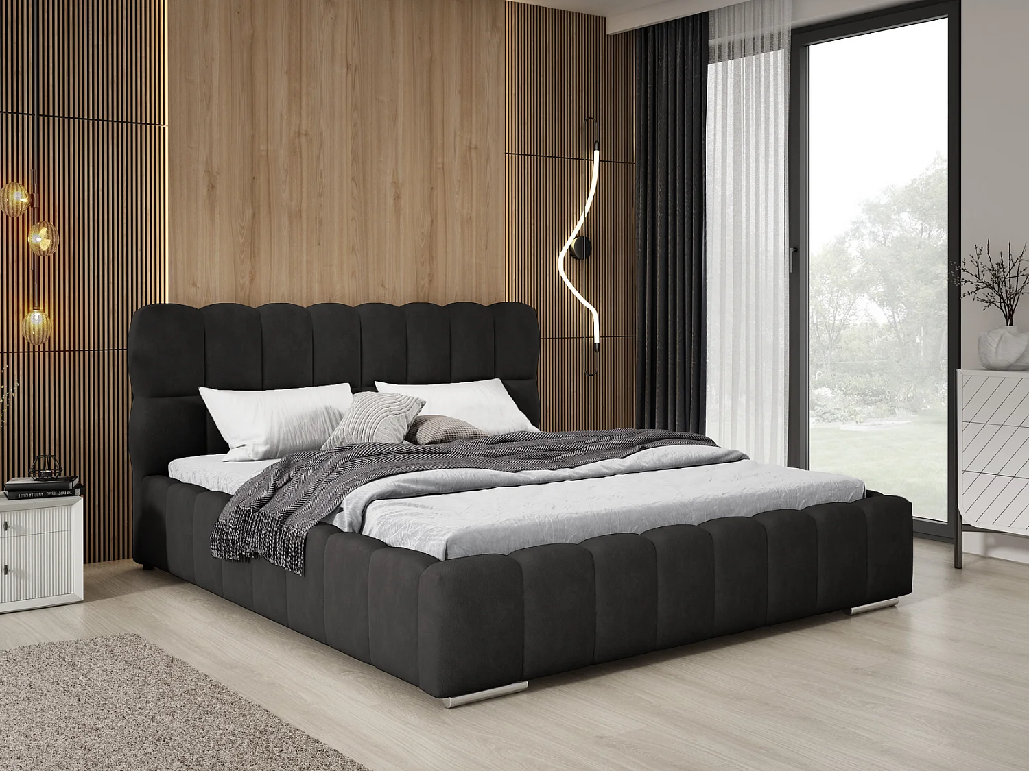 Emporius Avilla gestoffeerd bed 200 x 200 - tweepersoonsbed met opbergruimte, bed met bedlade - fluwelen, Zwart (Komodo 23)