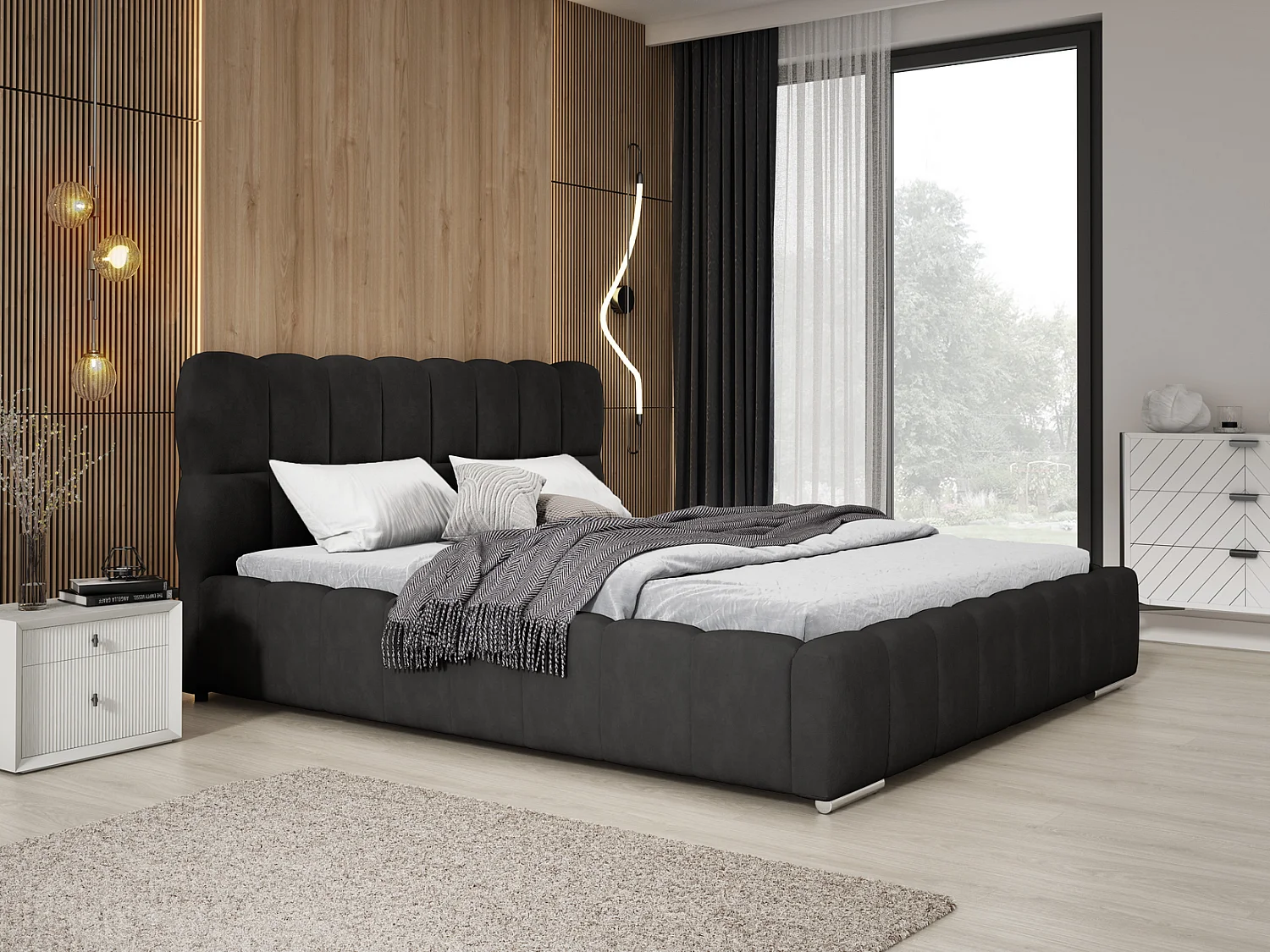 Emporius Avilla gestoffeerd bed 200 x 200 - tweepersoonsbed met opbergruimte, bed met bedlade - fluwelen, Zwart (Komodo 23)