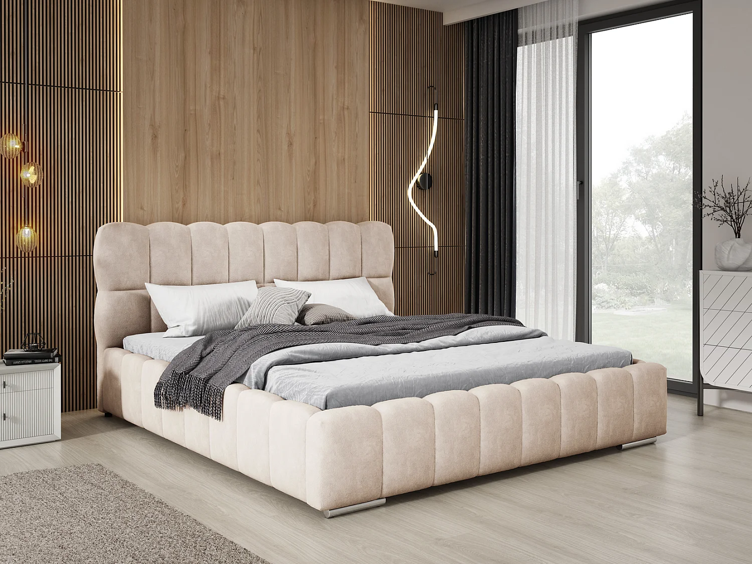 Emporius Avilla gestoffeerd bed 180 x 200 - tweepersoonsbed met opbergruimte, bed met bedlade - fluwelen, Beige (Komodo 11)