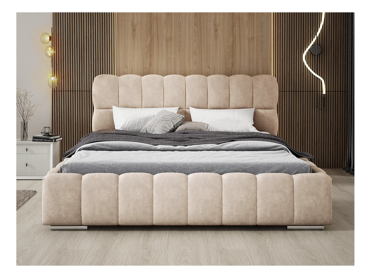 Emporius Avilla Polsterbett 140x200 - Doppelbett mit Bettkasten, Lattenrost, Kopfteil - Samtstoff, Velvet, Bett Beige (Komodo 11)