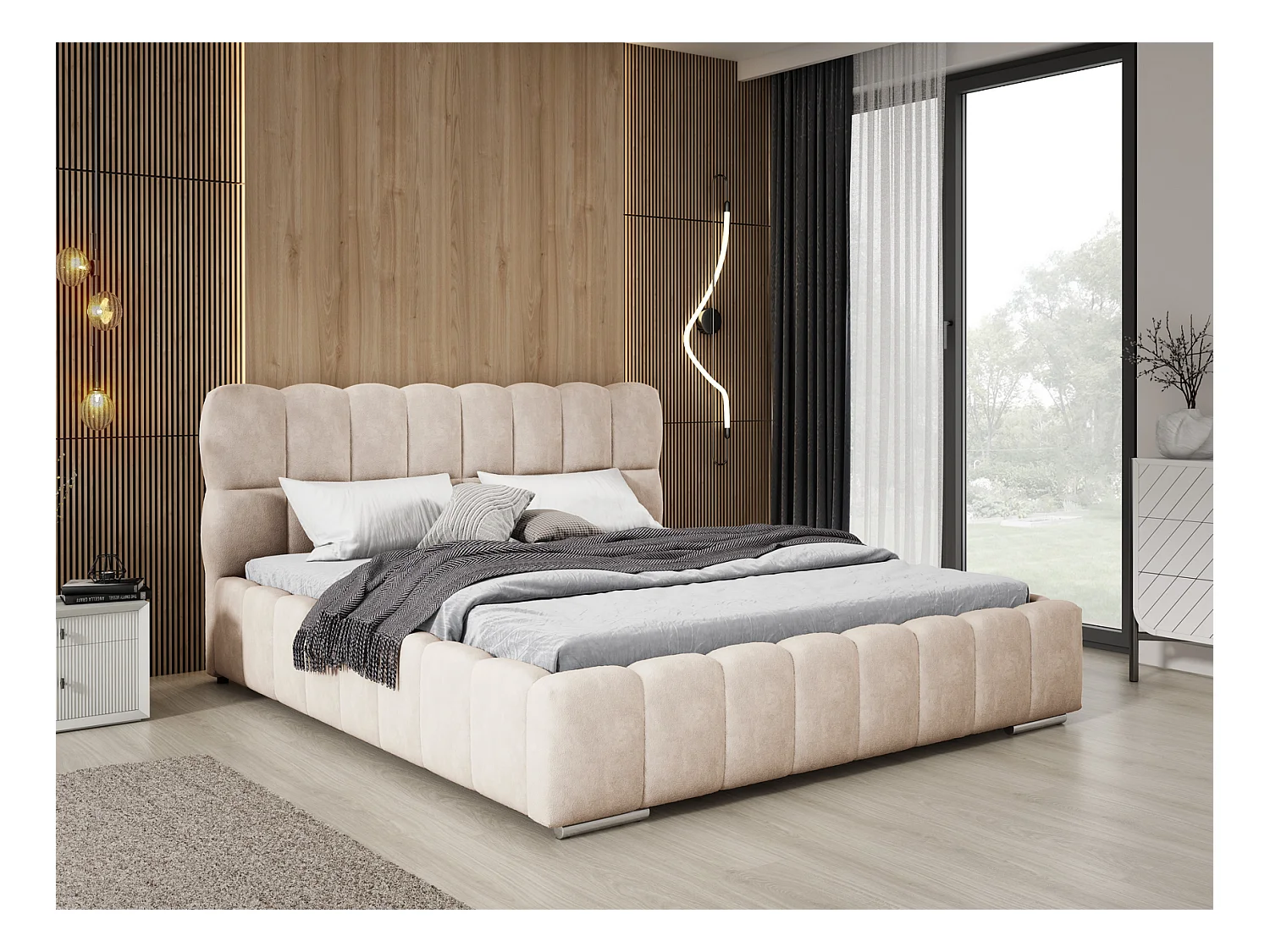 Emporius Avilla lit double 140x200 avec sommier à Lattes, avec rangement - lit rembourré 140 x 200, lit Beige (Komodo 11)