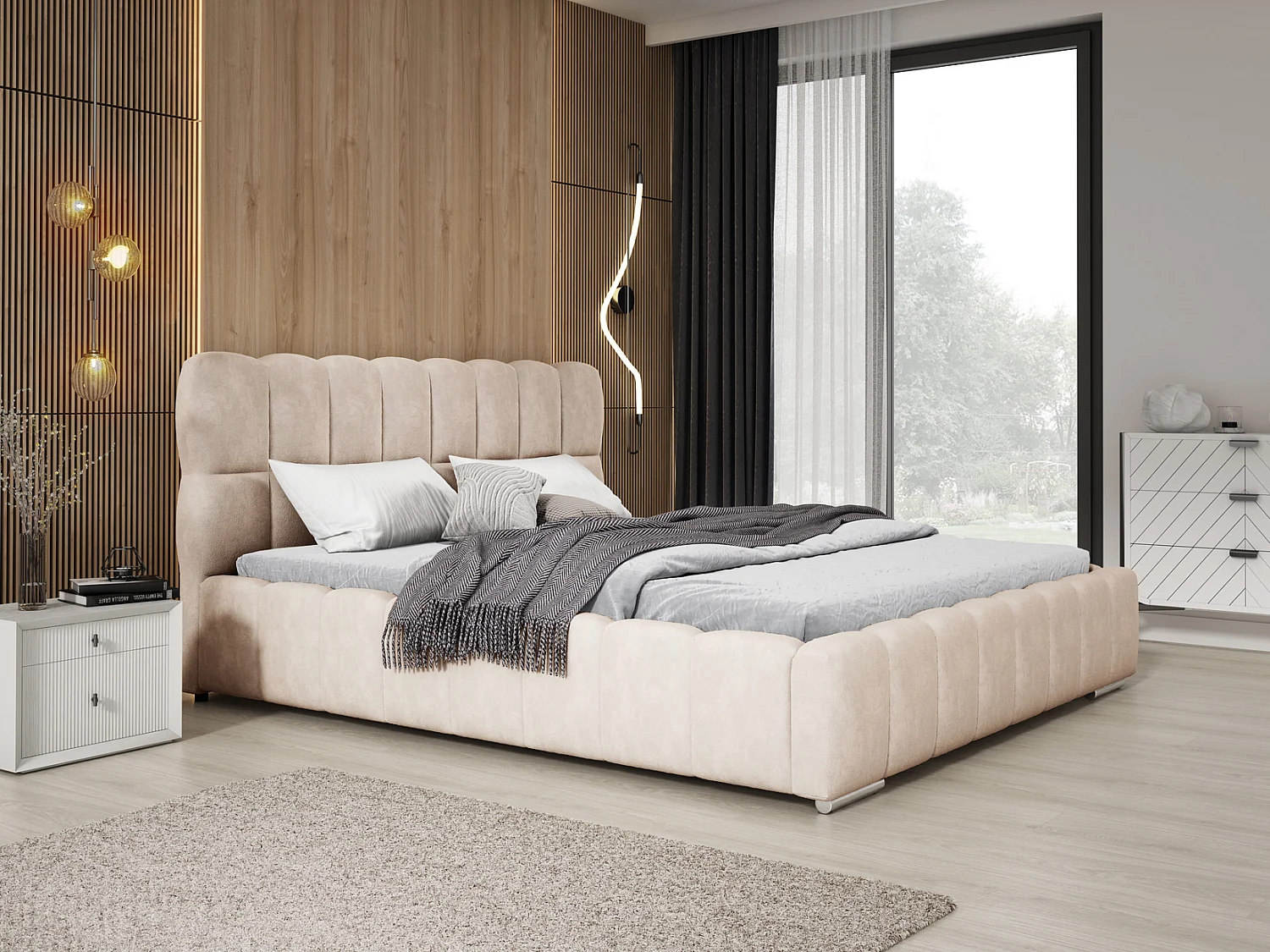 Emporius Avilla gestoffeerd bed 140 x 200 - tweepersoonsbed met opbergruimte, bed met bedlade - fluwelen, Beige (Komodo 11)