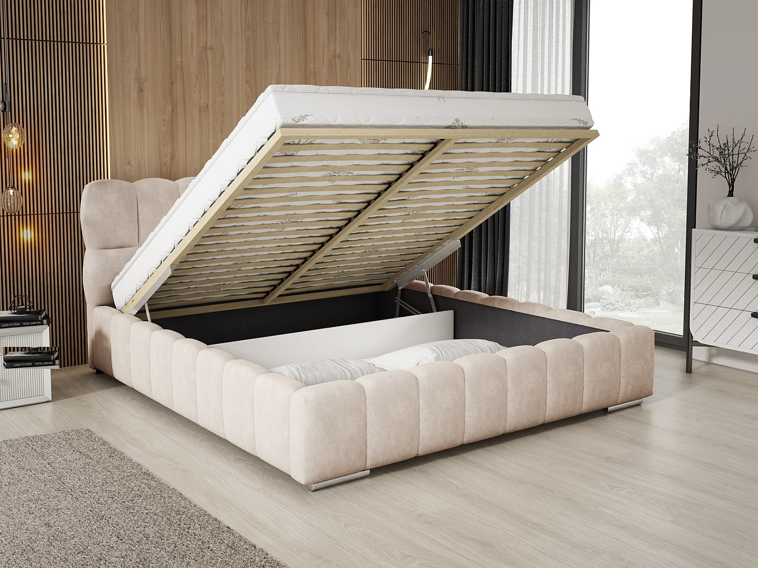 Emporius Avilla gestoffeerd bed 140 x 200 - tweepersoonsbed met opbergruimte, bed met bedlade - fluwelen, Beige (Komodo 11)