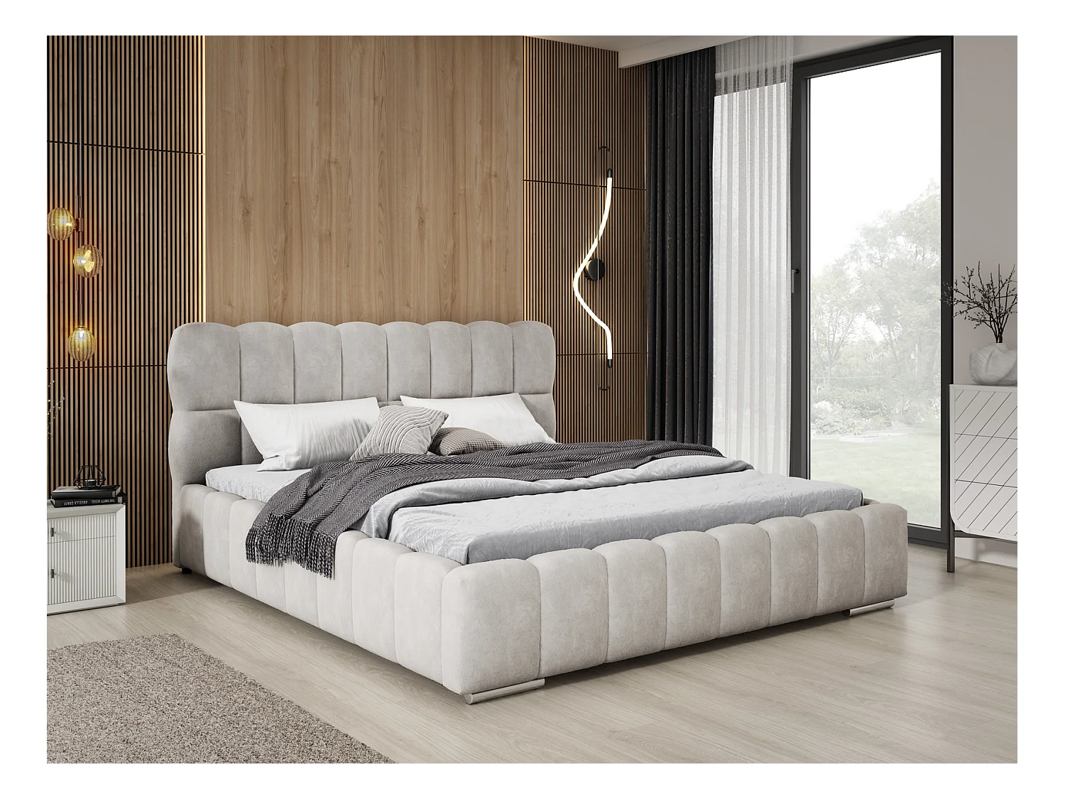 Emporius Avilla Polsterbett 200x200 - Doppelbett mit Bettkasten, Lattenrost, Kopfteil - Samtstoff, Velvet, Bett Hellgrau (Komodo 20)