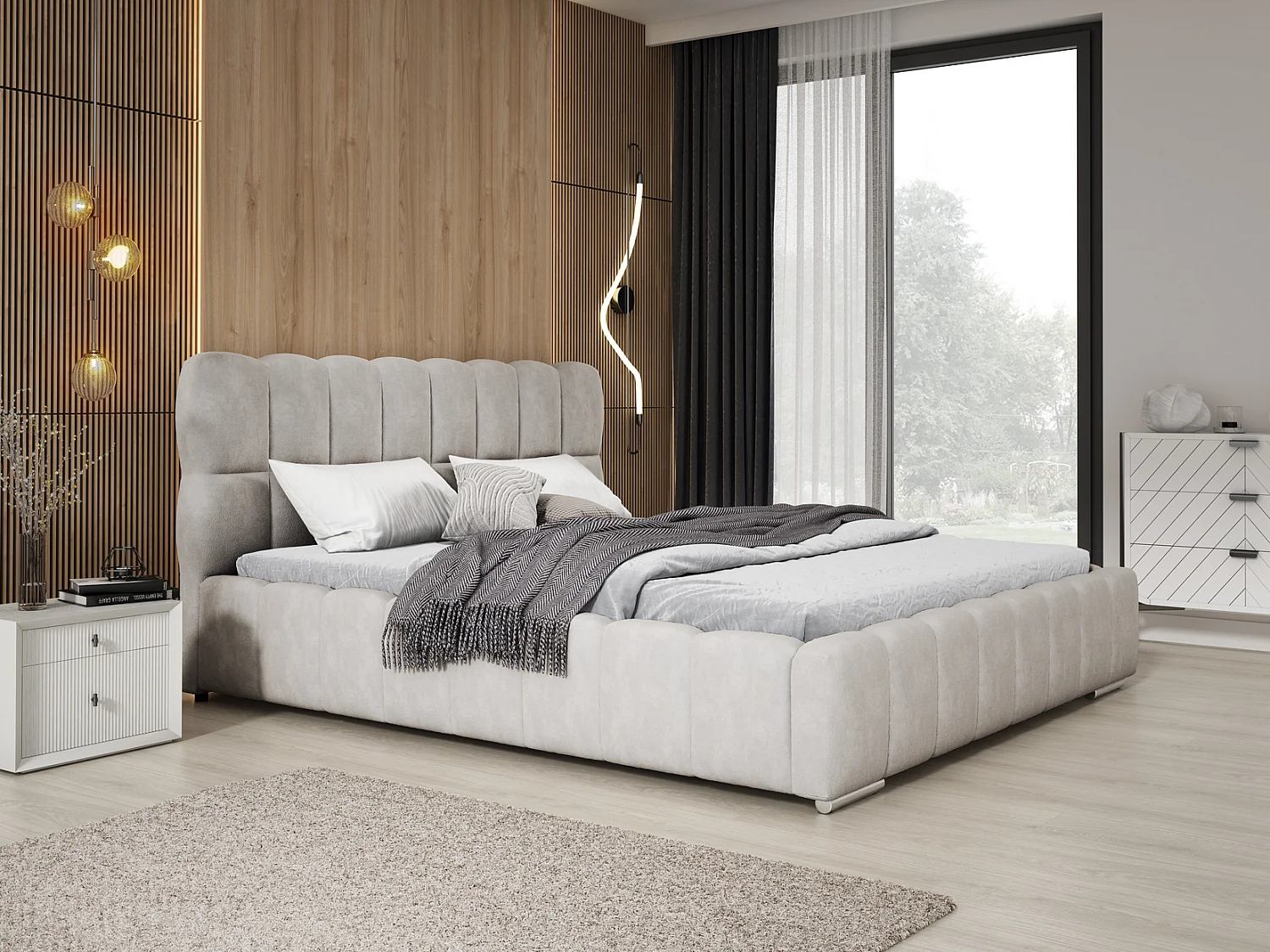 Emporius Avilla lit double 200x200 avec sommier à Lattes, avec rangement - lit rembourré 200 x 200, lit Gris clair (Komodo 20)