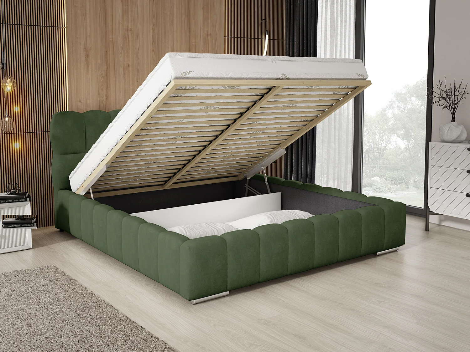 Emporius Avilla gestoffeerd bed 180 x 200 - tweepersoonsbed met opbergruimte, bed met bedlade - fluwelen, Groen (Komodo 61)
