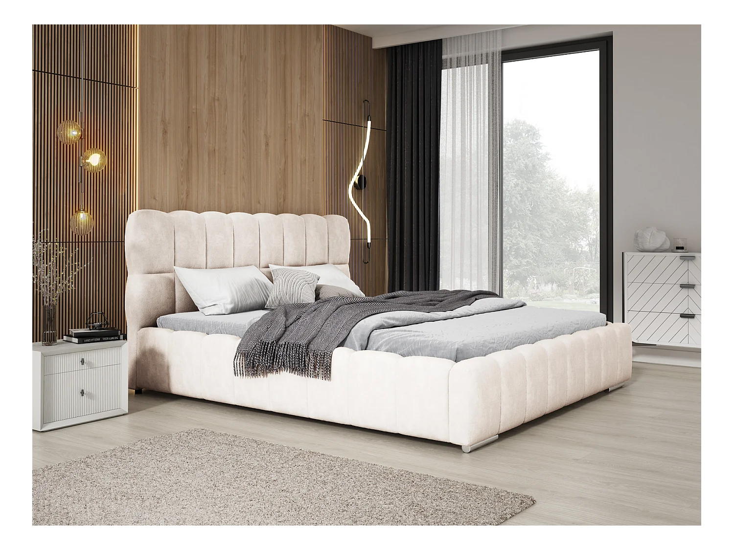 Emporius Avilla Polsterbett 160x200 - Doppelbett mit Bettkasten, Lattenrost, Kopfteil - Samtstoff, Velvet, Bett Creme (Komodo 10)