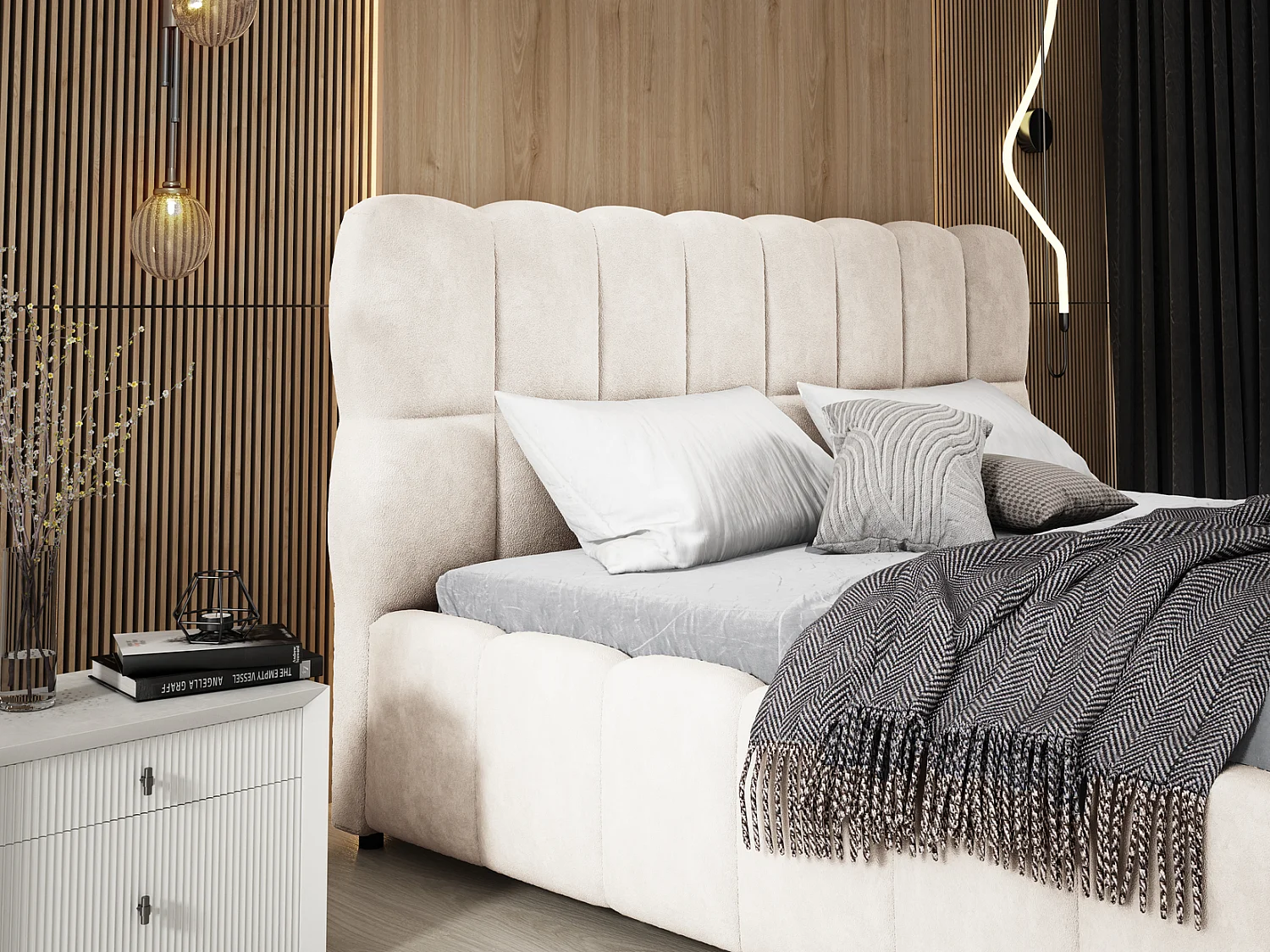 Emporius Avilla lit double 160x200 avec sommier à Lattes, avec rangement - lit rembourré 160 x 200, lit Crème (Komodo 10)