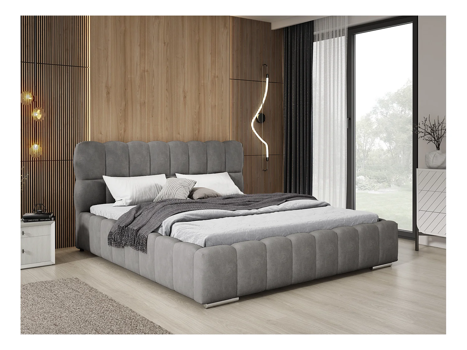 Emporius Avilla lit double 140x200 avec sommier à Lattes, avec rangement - lit rembourré 140 x 200, lit Gris (Komodo 21)