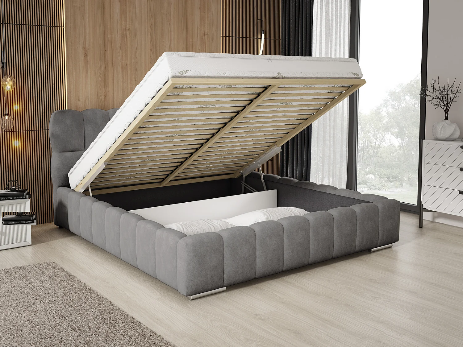 Emporius Avilla lit double 140x200 avec sommier à Lattes, avec rangement - lit rembourré 140 x 200, lit Gris (Komodo 21)
